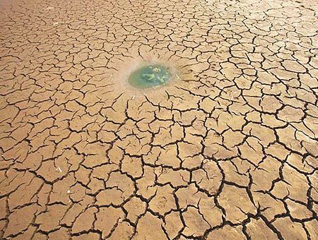 sequía, restos de agua en medio de un terreno seco y agrietado