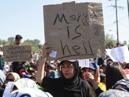 Greece, protest in refugees camp in Moria