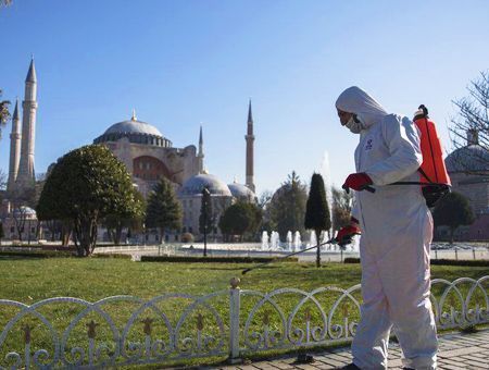 Istanbul, Sultanahmet: disinfection due to coronavirus (COVID-19)
