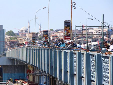 Istanbul, fishermen at Galata Bridge