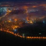 Istanbul at night with fog from drone view