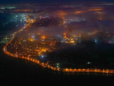 Istanbul at night with fog from drone view