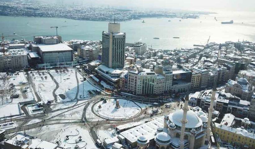 Istanbul, Taksim and the Bosphorus covered by snow
