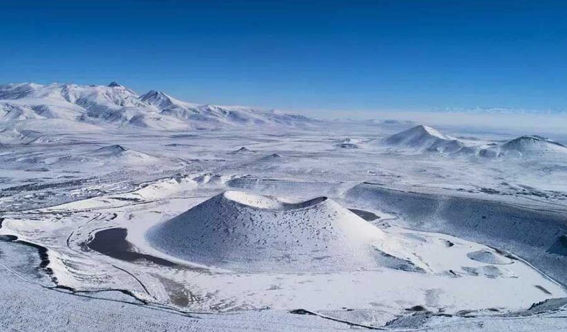 Turkey, Lake Meke crater covered by snow
