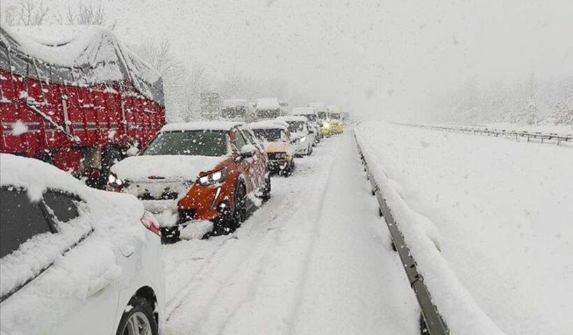Turkey, queues at a highway due to snow