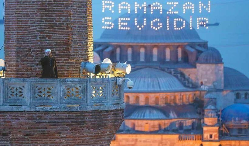 Istanbul, call to prayer for iftar during Ramadan in Hagia Sophia