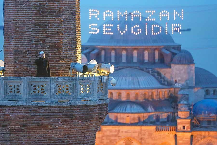 Istanbul, call to prayer for iftar during Ramadan in Hagia Sophia