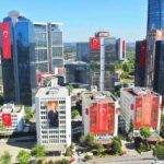 Istanbul, skyscrapers with flags of Turkey