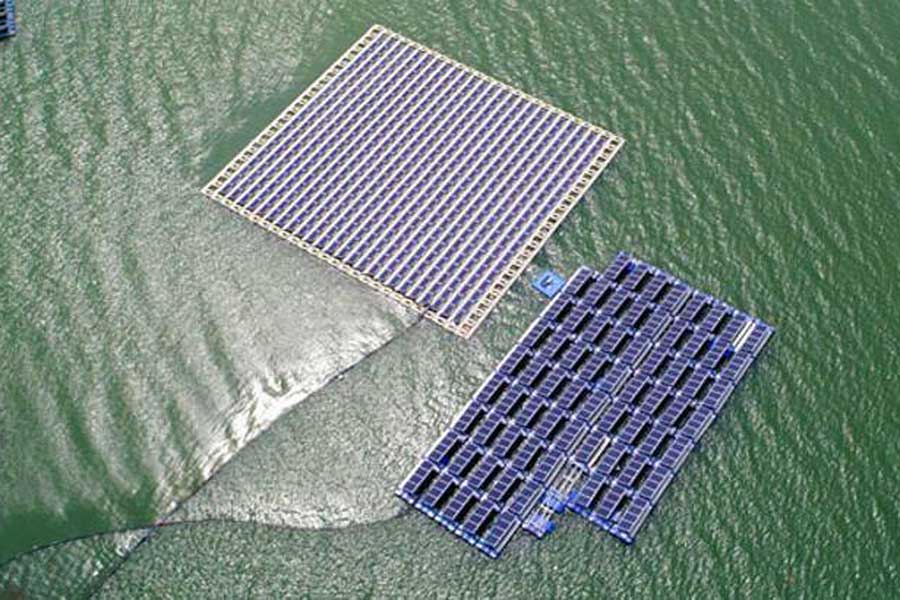 Turkey, solar panels on lake