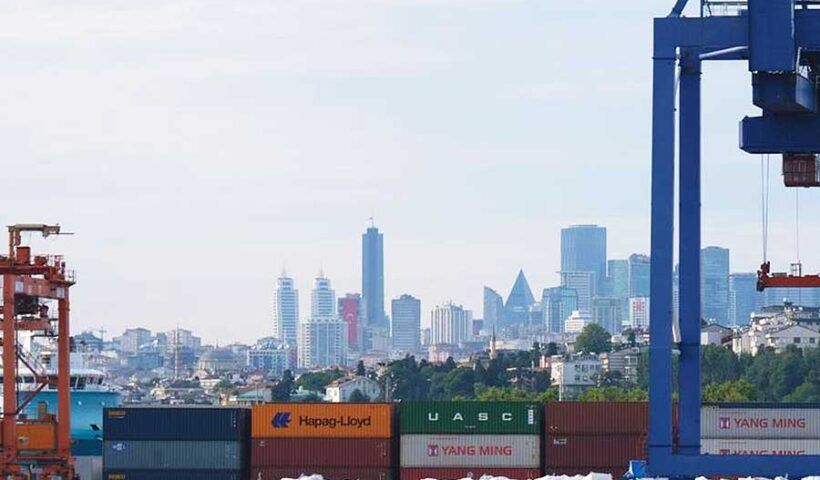 Istanbul, harbour with goods and skyscrapers