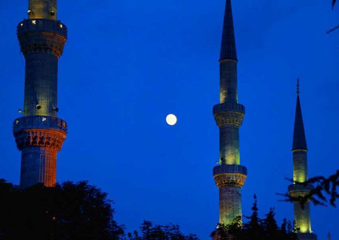 Istanbul, minarets of the Blue Mosque at night
