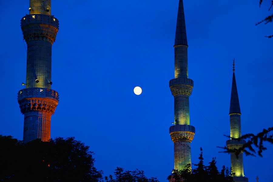Istanbul, minarets of the Blue Mosque at night