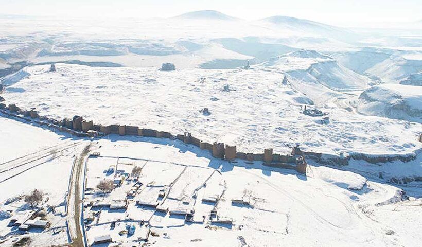 Turkey, ruins and walls of Ani covered by snow