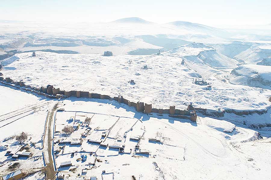 Turkey, ruins and walls of Ani covered by snow