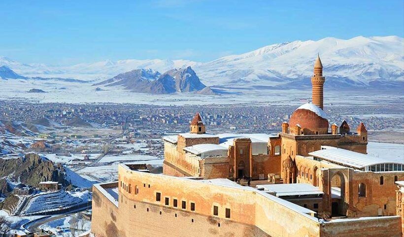 Turkey, Ishak Pasha palace covered in snow