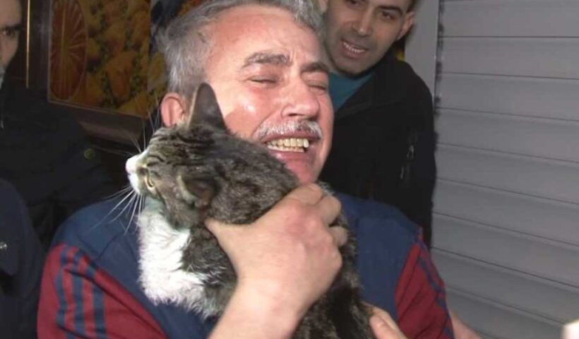 Istanbul, man hugs his cat after been rescued from fire