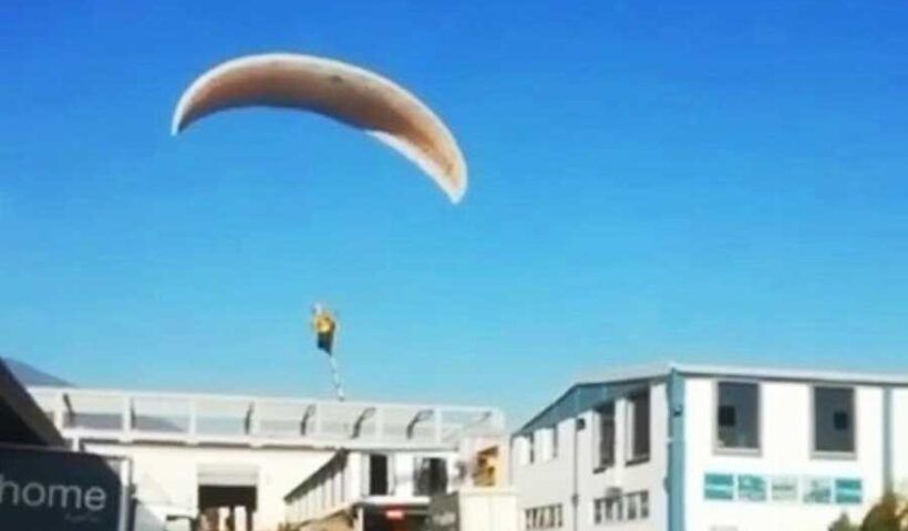 Turkey, man commutes paragliding