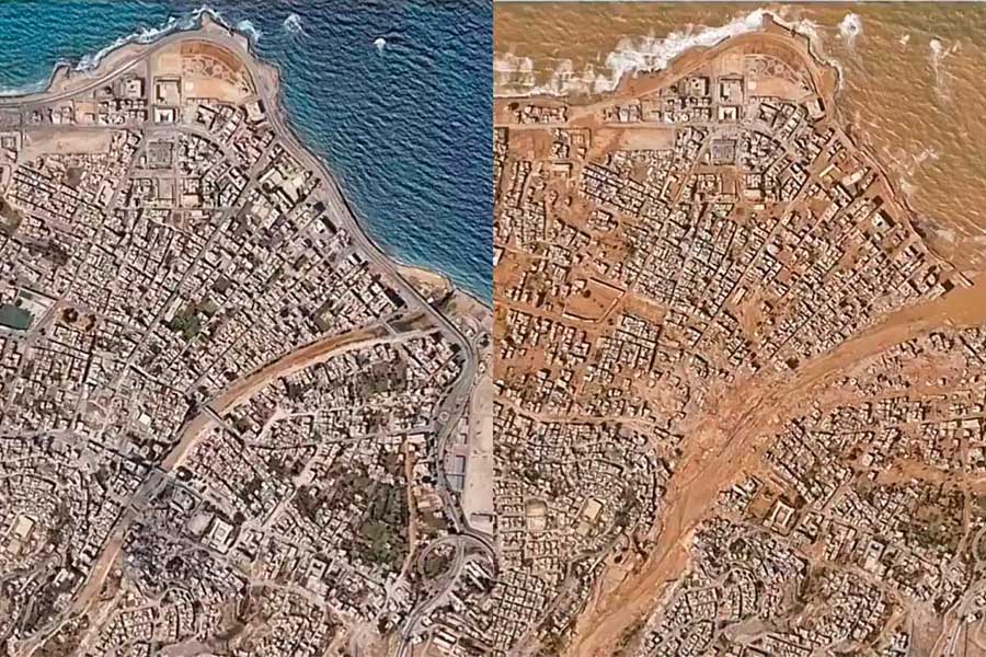 Libia, Derna antes y después de las inundaciones