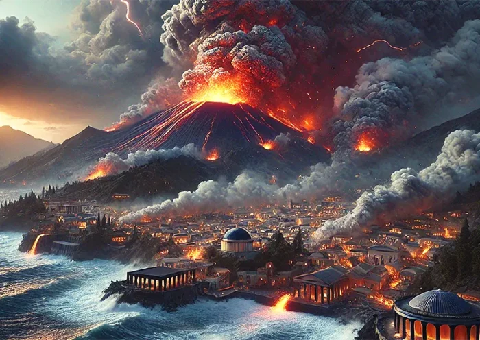 representación de la erupción de Santorini en 1627 a.C. (IA)