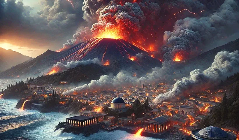 representación de la erupción de Santorini en 1627 a.C. (IA)