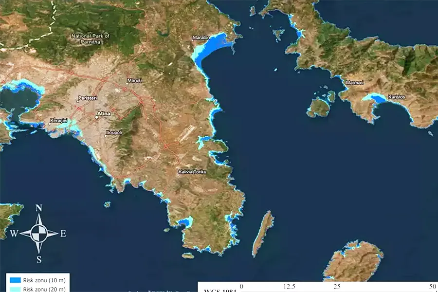 zonas inundables en caso de tsunami en el Egeo en Grecia