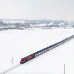 the Orient Express crossing a snowy landscape