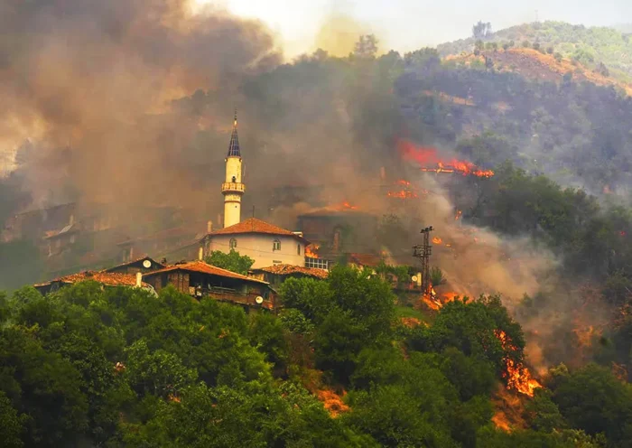 houses destroyed by wildfires in Turkey
