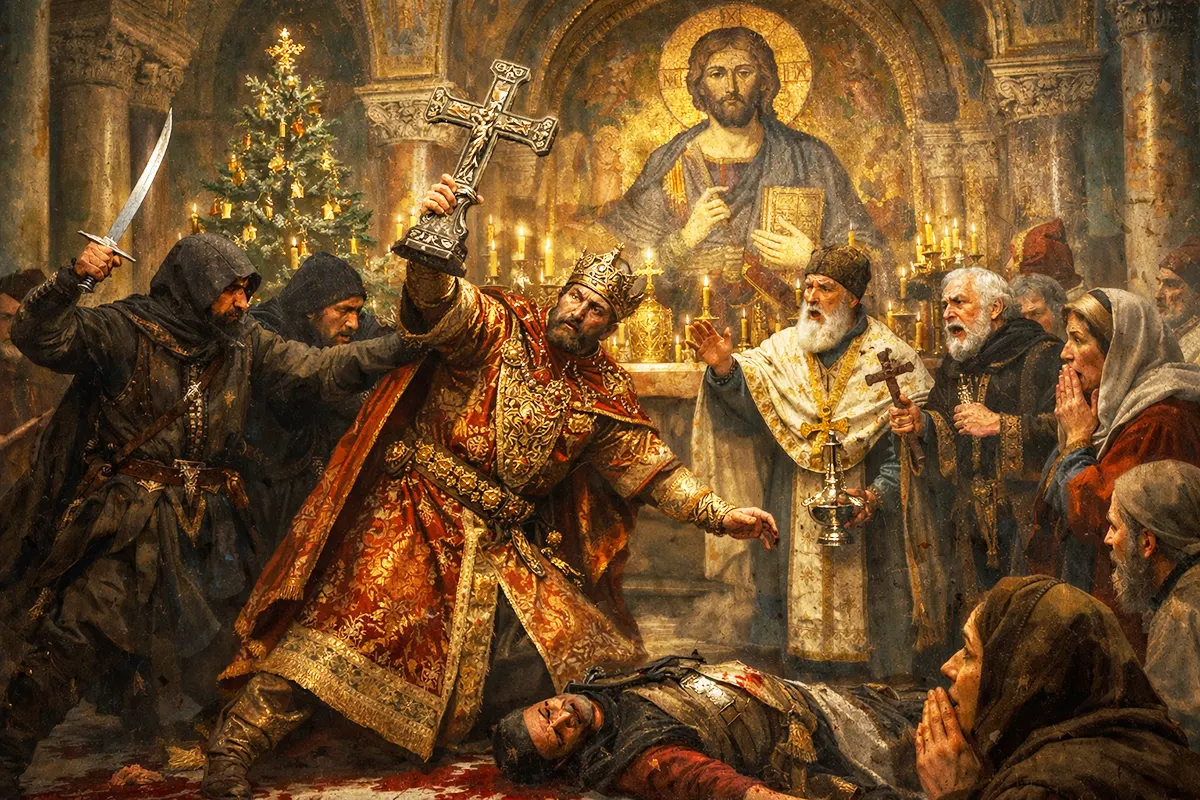 asesinato de un emperador bizantino en una iglesia durante la Navidad