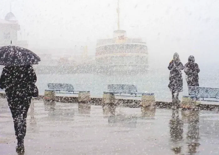 snow on an Istanbul pier during a cold snap