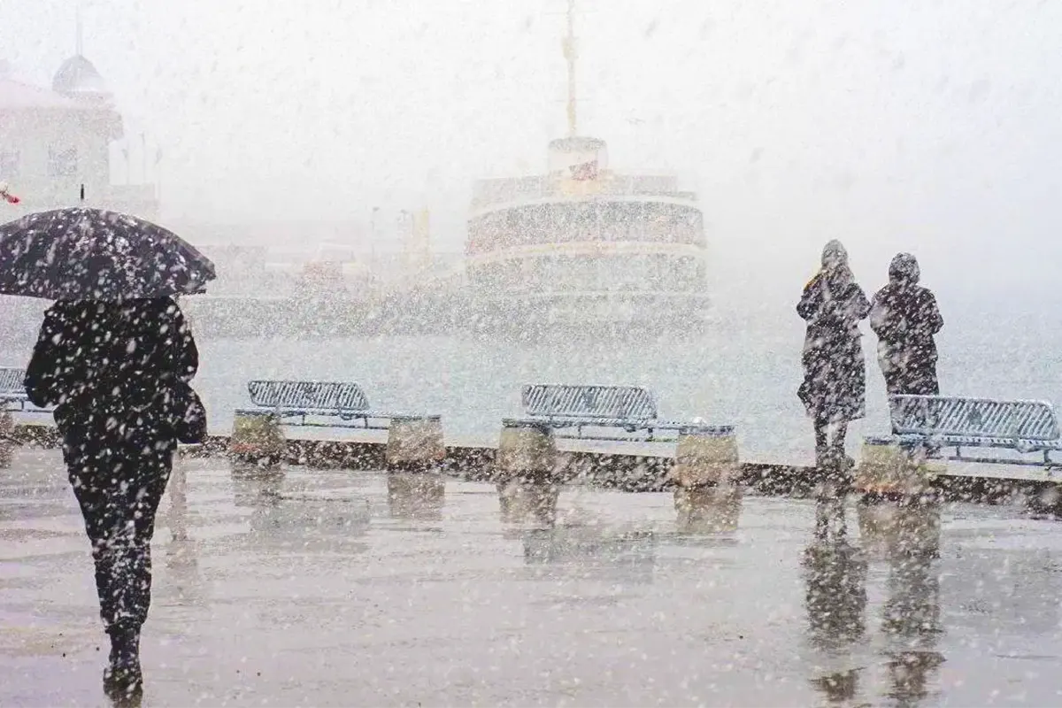 snow on an Istanbul pier during a cold snap