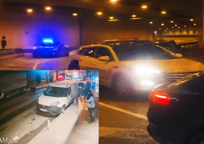 police cars stop a vehicle in a tunnel in Istanbul, next to a security camera image showing a shooting