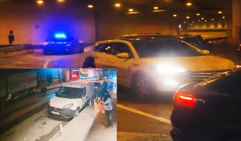 coches de la policía detienen un vehículo en un túnel de Estambul, junto a una imagen de una cámara de seguridad que muestra un tiroteo