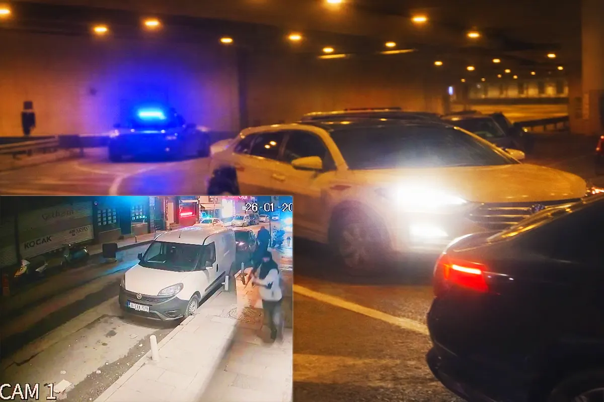 coches de la policía detienen un vehículo en un túnel de Estambul, junto a una imagen de una cámara de seguridad que muestra un tiroteo