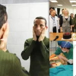Uğur Acar, Turkey's first face transplant recipient, looks at his face in a mirror 14 years later.
