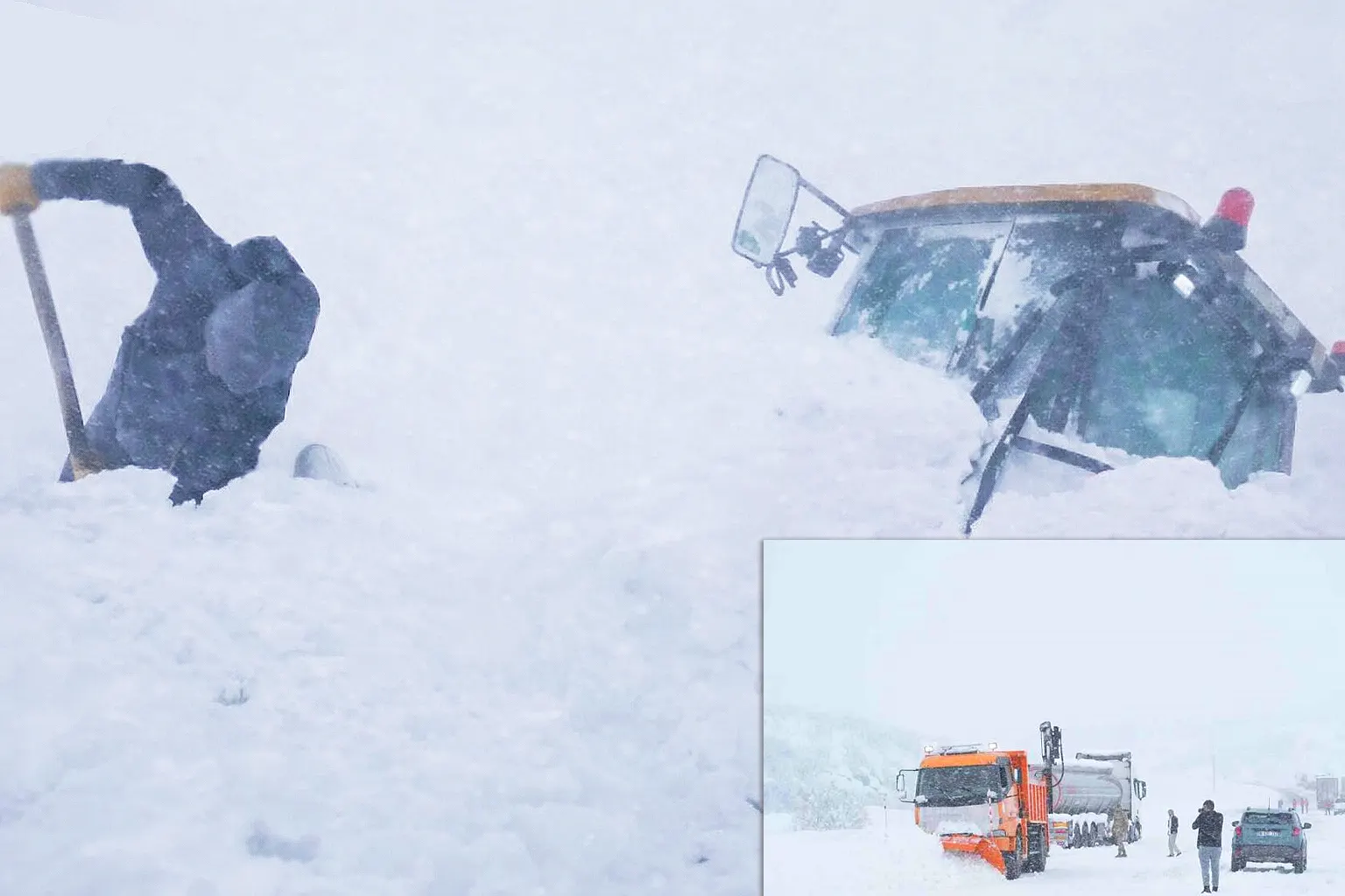 una persona trata de desenterrar con una pala una excavadora sepultada durante un alud de nieve en medio de las intensas nevadas en Turquía