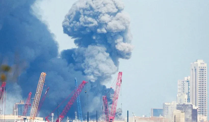 una columna de humo ascendiendo desde las instalaciones de una base de EE.UU. en Baréin atacada por Irán