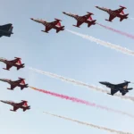 formation flight of the Turkish combat drone Bayraktar Kızılelma together with several jet aircraft and an F-16 fighter jet