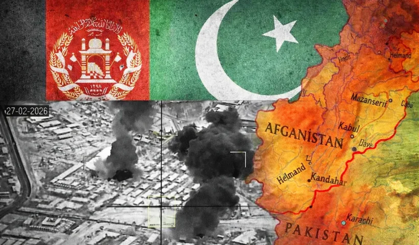 imagen de los bombardeos paquistaníes sobre Kabul junto a una imagen de las banderas de Afganistán y Pakistán y un mapa de la frontera común entre ambos países