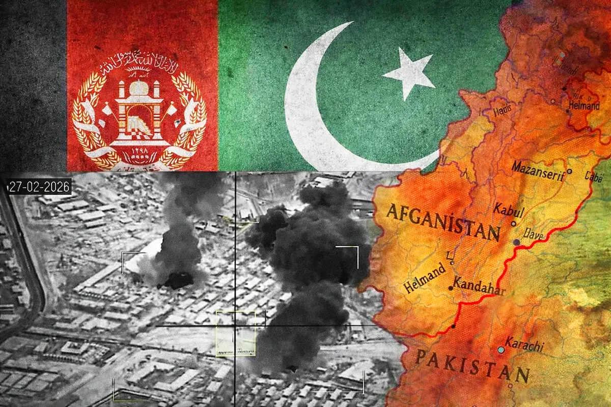 imagen de los bombardeos paquistaníes sobre Kabul junto a una imagen de las banderas de Afganistán y Pakistán y un mapa de la frontera común entre ambos países