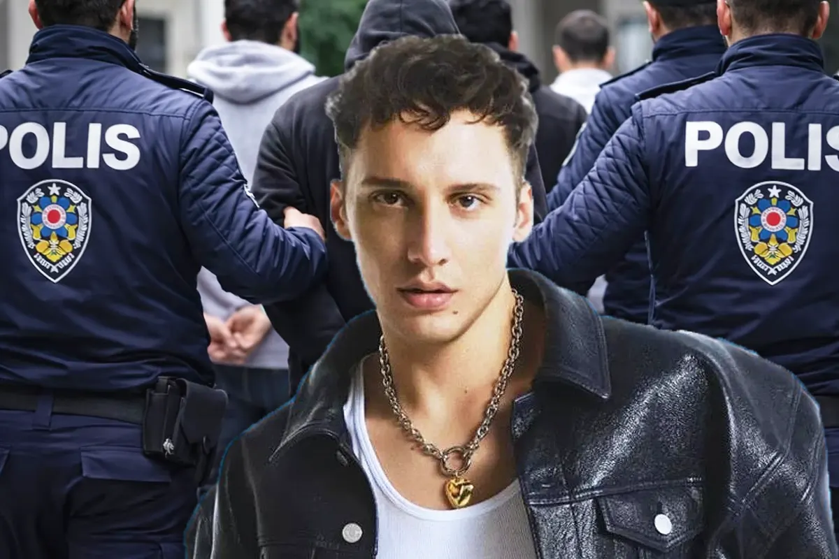 imagen en primer plano del famoso cantante turco Edis, sobre un fondo en el que policías turcos se llevan a varias personas detenidas