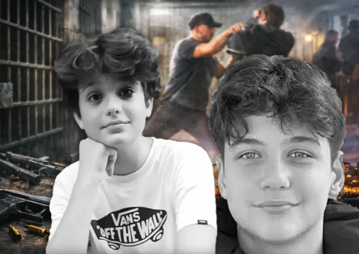 Images of Mattia Ahmet Minguzzi and Atlas Çağlayan, two teenagers killed by other minors; in the background are images of a fight, a prison and a gun.