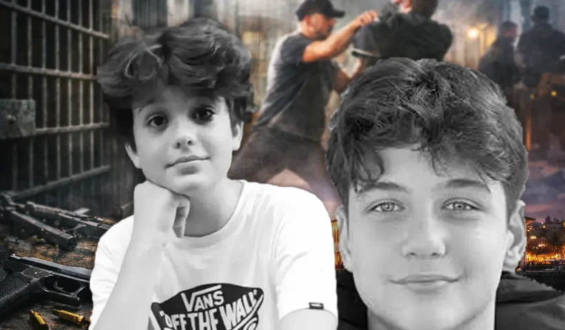 Images of Mattia Ahmet Minguzzi and Atlas Çağlayan, two teenagers killed by other minors; in the background are images of a fight, a prison and a gun.