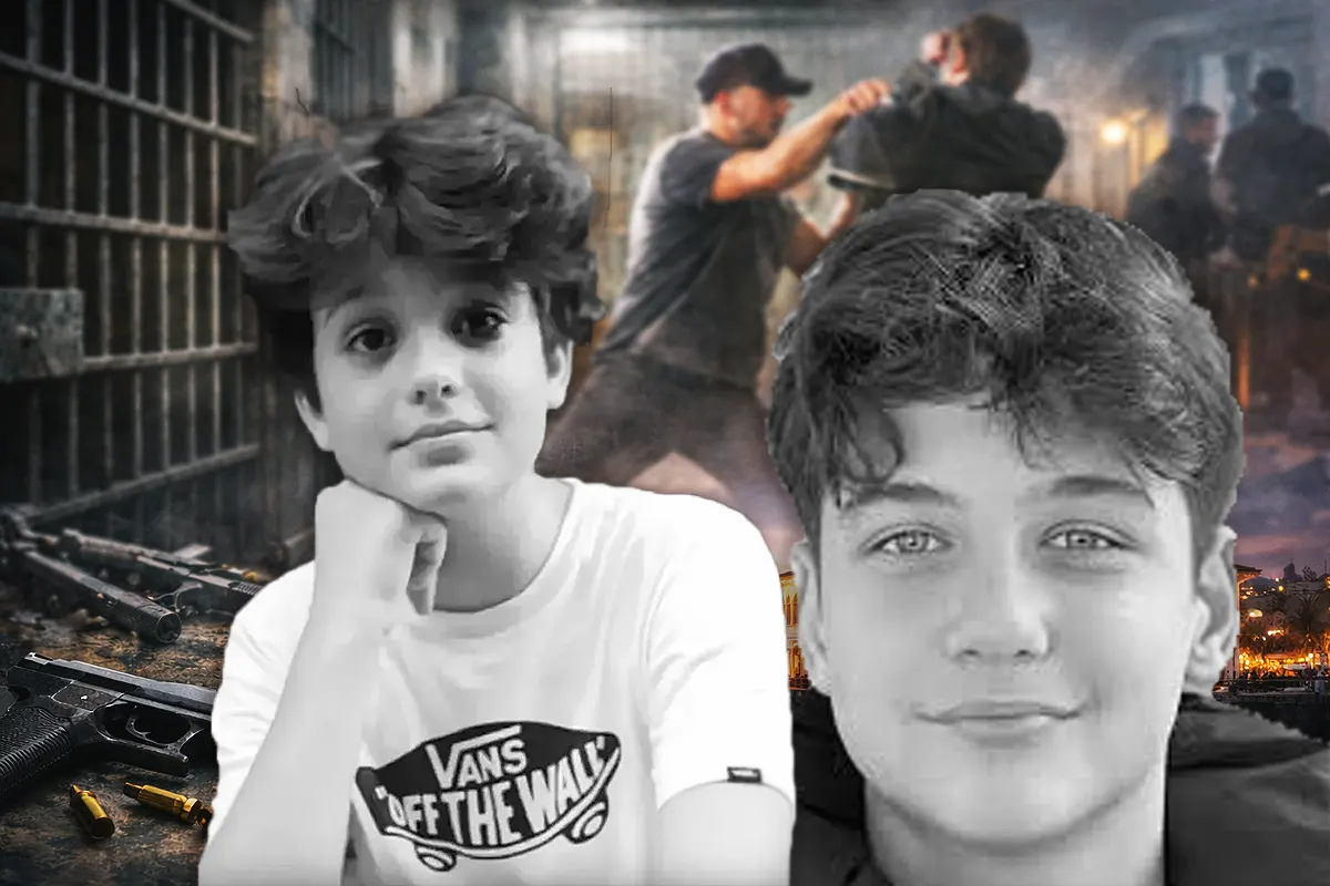 Images of Mattia Ahmet Minguzzi and Atlas Çağlayan, two teenagers killed by other minors; in the background are images of a fight, a prison and a gun.