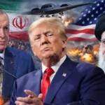 Erdoğan, Trump y Ali Khamenei, con las banderas de Irán y Estados Unidos e imágenes de guerra de fondo