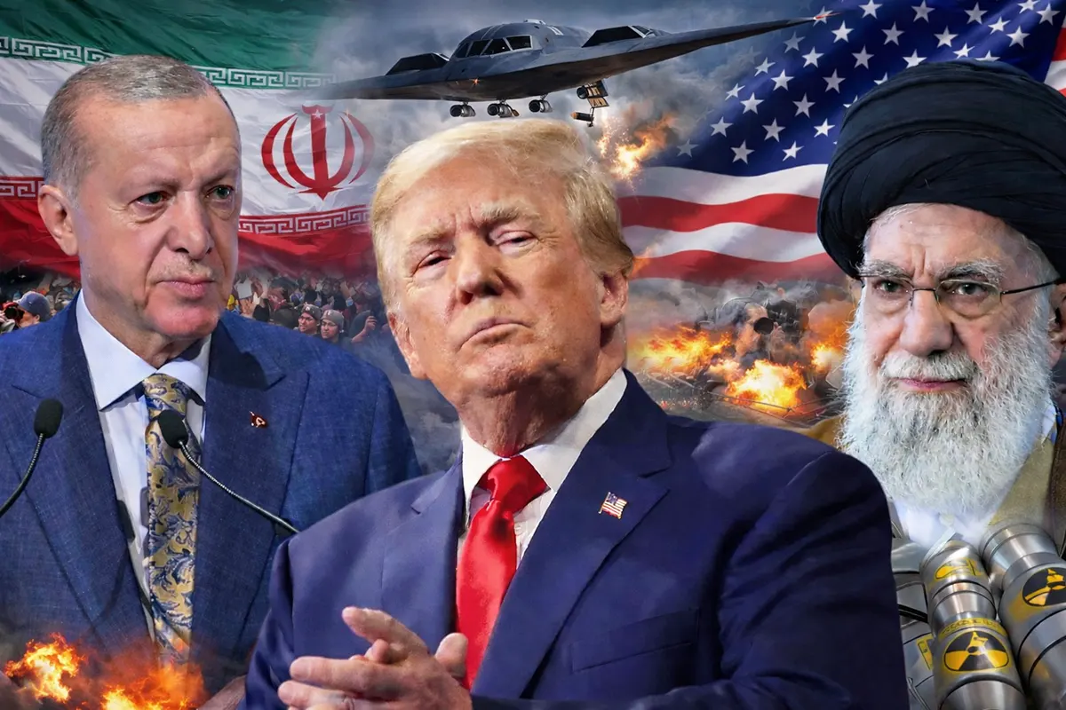 Erdoğan, Trump y Ali Khamenei, con las banderas de Irán y Estados Unidos e imágenes de guerra de fondo