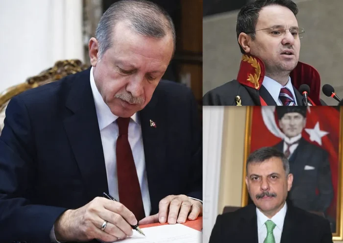 Erdoğan signing the appointment of the new justice and interior ministers, whose images are shown on the right.