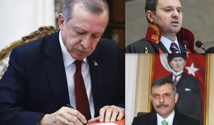 Erdoğan firmando el nombramiento de los nuevos ministros de Justicia e Interior, cuyas imágenes se muestran a la derecha.