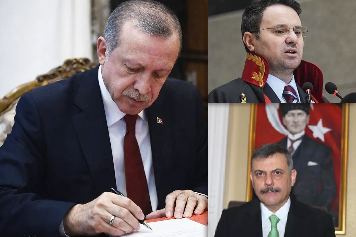 Erdoğan firmando el nombramiento de los nuevos ministros de Justicia e Interior, cuyas imágenes se muestran a la derecha.