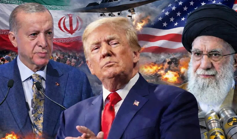 Erdoğan, Trump and Ali Khamenei, with Iranian and US flags and images of war in the background.