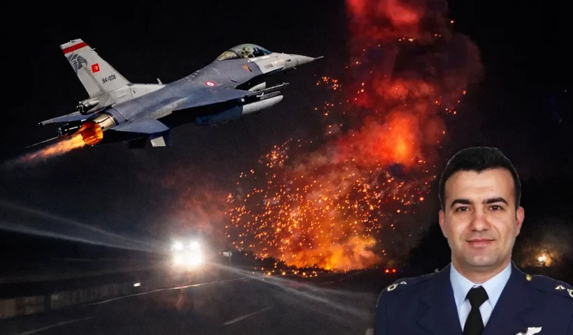 image of the dead Turkish pilot standing next to a image of a Turkish Air Force F-16 fighter jet; in the background the image of the explosion when the plane crashed